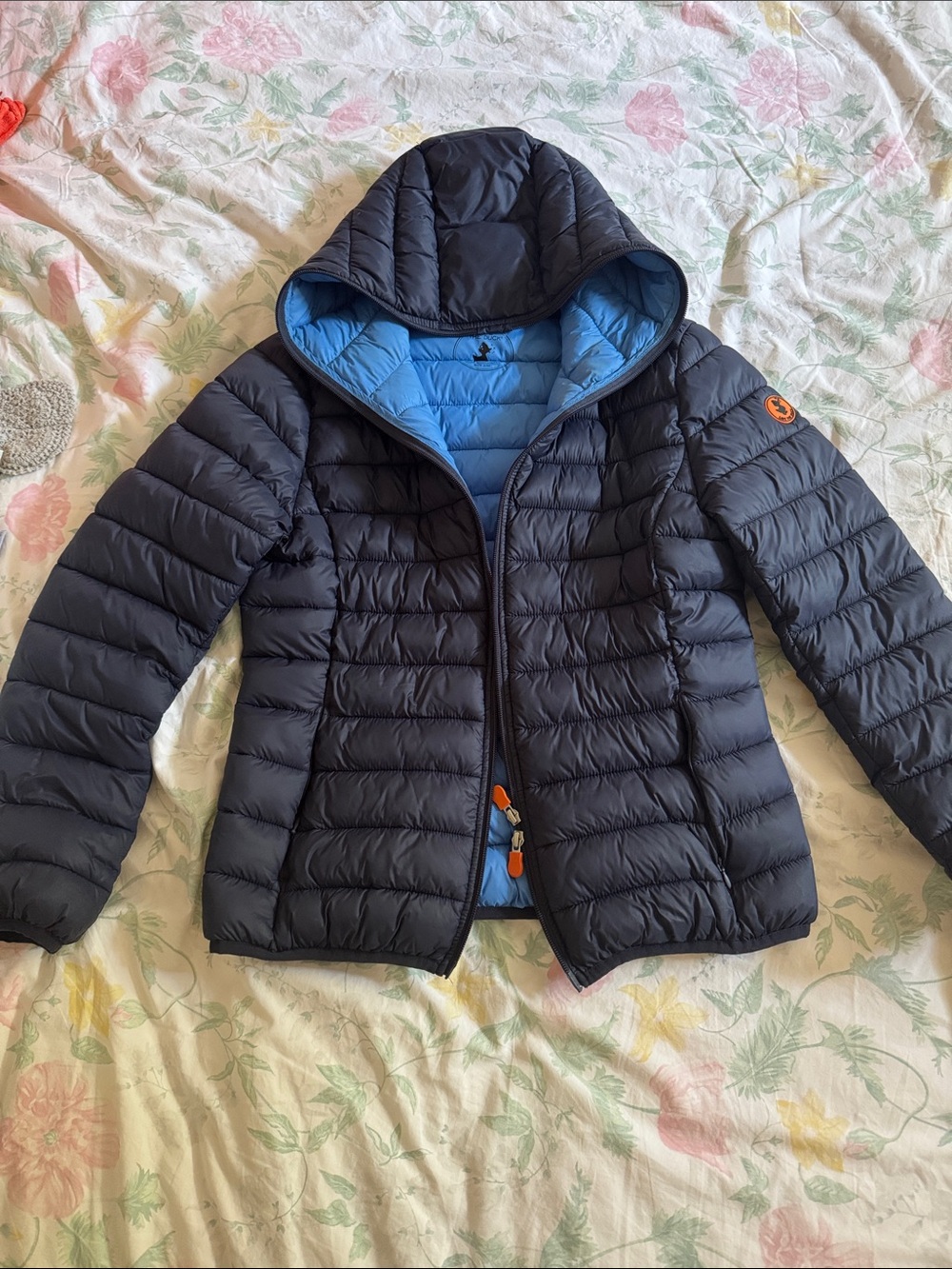 SAVE THE DUCK  women’s Hooded Puffer Jacket - Navy withBlue Lining Sz 2 (sml)